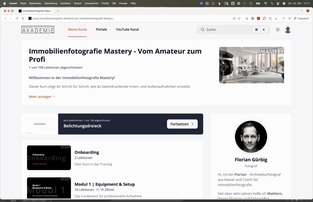 Der Mitgliederbereich der Immobilienfotografie Mastery mit der Modulübersicht
